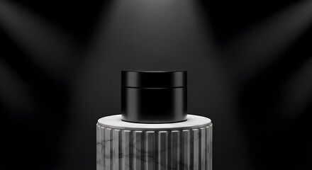 Black cosmetic jar on marble pedestal spotlight