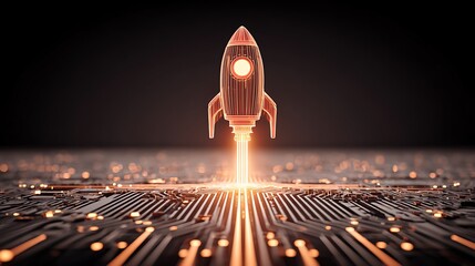 Futuristic Orange Glowing Rocket Launching From Circuit Board Technology Concept