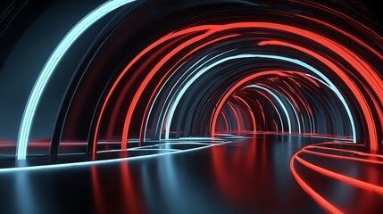 Futuristic Neon Tunnel with Glowing Red and Blue Light Stripes in Dark Space