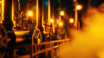 Industrial machinery with glowing lights and steam, showcasing a dynamic manufacturing environment