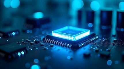 Glowing blue microchip on futuristic circuit board, showcasing advanced semiconductor technology, digital electronics, AI processing power, high-tech innovation and modern computing
