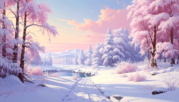 Enchanting Winter Wonderland with Pink Snow Covered Trees. - Powered by Adobe