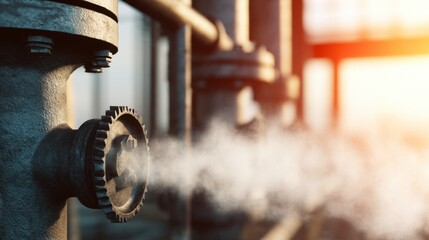 Steam escaping from industrial pipes at sunset, showcasing machinery in an urban setting