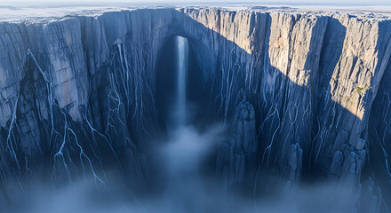 Majestic waterfall cascading down steep rocky cliffs into mist
