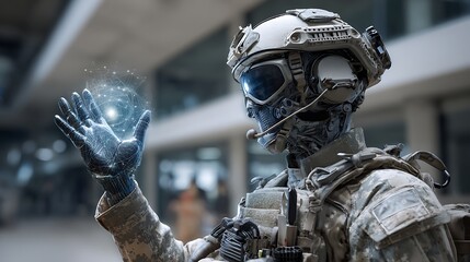 Futuristic Soldier Wearing Advanced Tactical Gear Holding Digital Hologram in Urban Environment