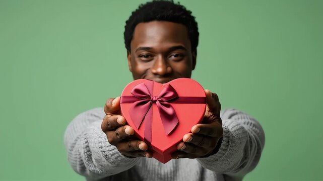 Close-up of an African-American man presenting a gift as a love confession or surprise in front of a green background