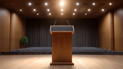 An empty modern auditorium with a wooden podium and stage lighting ready for a presentation or event