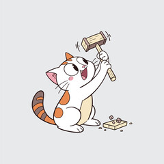 Cartoon Cat Playing with Mallet Illustration of Happy Kitten with Wooden Hammer Breaking Something and Having Fun Isolated on Plain Background
