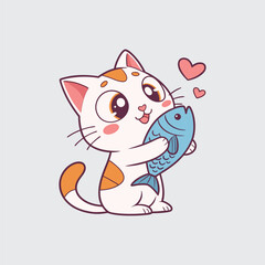 Delightful Cat Cartoon Vector Cuddling Fish with Hearts Expressing Love Perfect for Children's Designs and Animal Themed Graphics Below 200 Chars