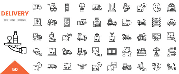 A collection of delivery-related outline icons including vehicles, packages, and services.