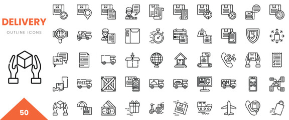 Set of delivery outline icons featuring various shipping and logistics elements.