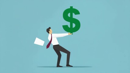 Businessman character holding large green dollar sign symbolizing financial success and profit - Powered by Adobe