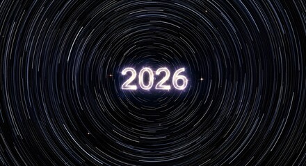 Illuminated year 2026 against a background of circular star trails representing astronomical time progression and future concepts