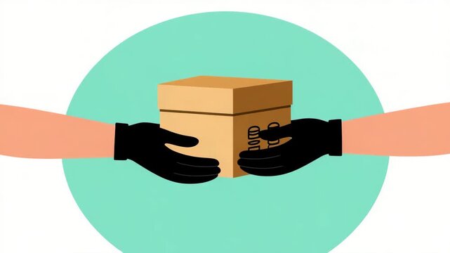 Courier Hands in Black Gloves Delivering Cardboard Package Box Concept Illustration