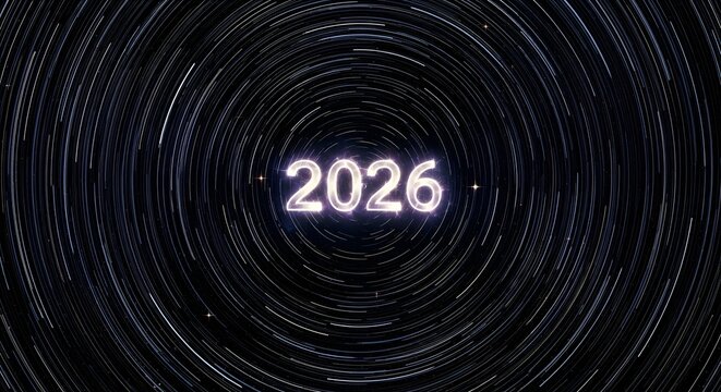 Illuminated year 2026 against a background of circular star trails representing astronomical time progression and future concepts