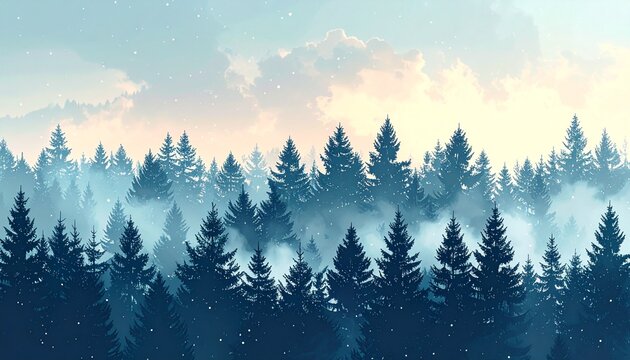 Misty pine forest landscape with layers of trees in morning fog.