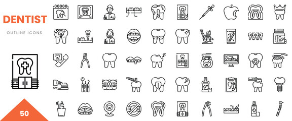 A collection of dentist outline icons, showcasing various dental tools and treatments.