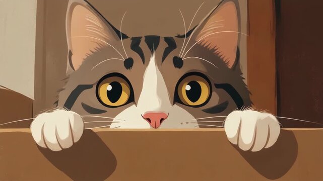 Cartoon tabby cat peeking out of a cardboard box, with a cute pink nose and striking yellow eyes, in a graphic illustration style