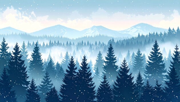 Serene misty forest landscape with layered mountains and pine trees.