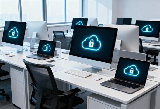 Modern open office workstations with monitors and laptops showing secure cloud computing graphics, symbolizing data security. - Powered by Adobe