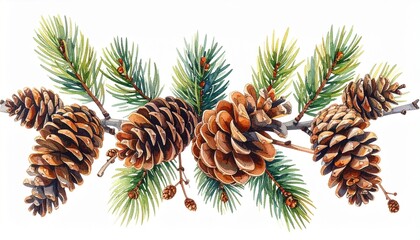Watercolor illustration of a pine branch with green needles and brown cones isolated on a white background.