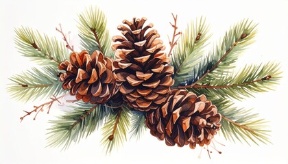 Realistic watercolor painting of three pine cones with evergreen fir branches isolated on a white background.