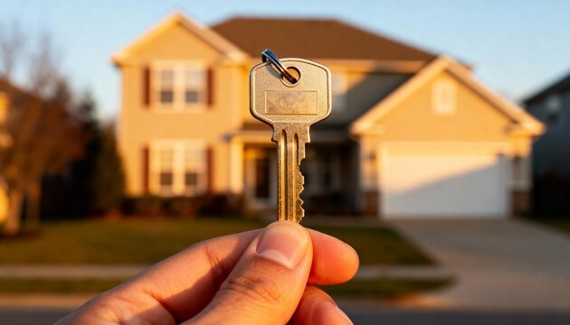 A hand holds a brass house key in focus, with a blurred suburban house in the golden light background.