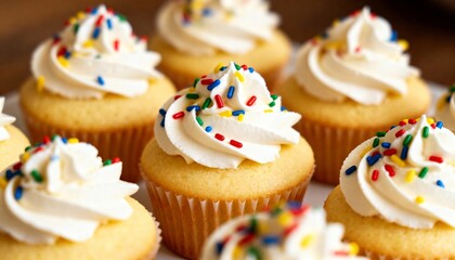 Vanilla cupcakes with swirl cream and rainbow sprinkles