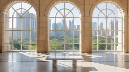 Grand arched windows reveal city skyline and lush greenery