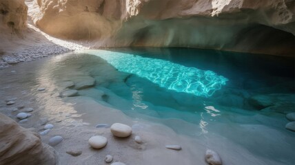 Sunlight illuminates a turquoise pool in a rocky canyon