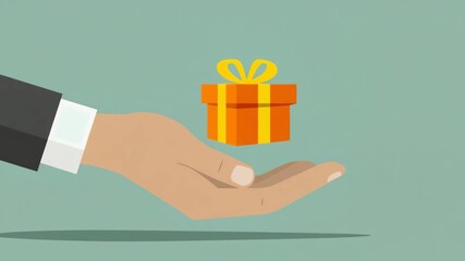 Flat Vector Illustration of Hand Holding Orange Gift Box with Yellow Ribbon for Holiday