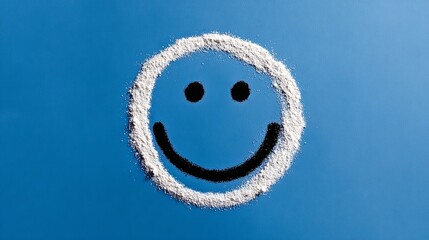 Smiley face created with white powder on a vibrant blue background, symbolizing happiness and positivity, ideal for conveying joy and cheerful emotions in visual storytelling
