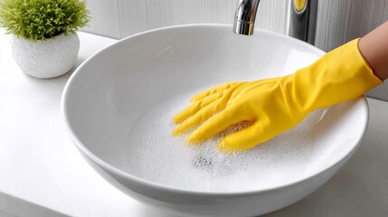 Hand wearing yellow rubber glove is washing dishes in a modern white sink filled with bubbles, showcasing cleanliness and domestic chores in a bright kitchen environment