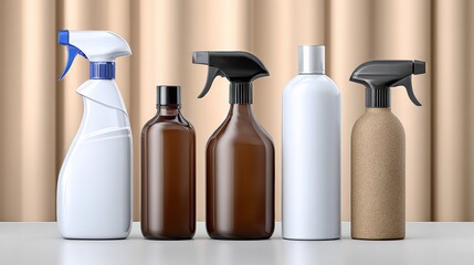 Various cleaning spray bottles and containers arranged on a table, showcasing diverse shapes, materials, and colors, ideal for home organization and product display in a modern setting