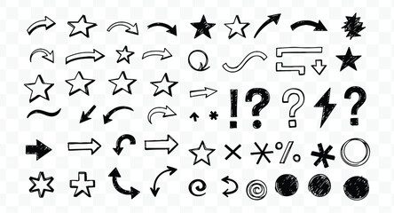 Naklejka premium Collection of hand drawn doodle elements including arrows, stars, punctuation mark, and circle shapes with sketchy texture