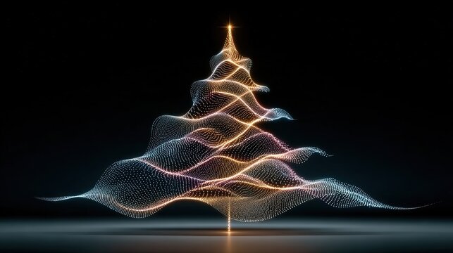 Fantasy Tech Christmas Digital Art: Glowing Particle Grid Tree with Dynamic Wave Structure on Black Background for Holiday Interactive Media, Tech Promotion, and Creative Wallpaper.