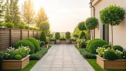 Obraz premium A beautiful terrace garden with neatly organized plants outdoors