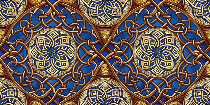 Intricate geometric patterns in rich blue and gold, showcasing masterful craftsmanship.
