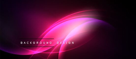 Abstract pink neon waves over black background. Modern design elements create dynamic visual effect. Smooth curves, bright glow.