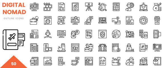 Illustration of digital nomad symbols, depicting remote work and travel, in a minimalist outline style.