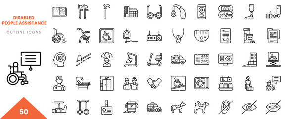 Outline icons representing assistance for disabled individuals in various scenarios.