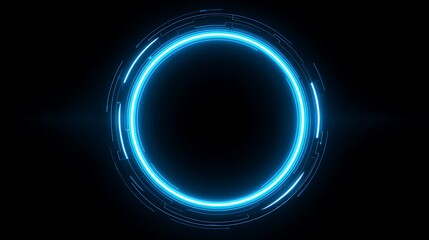 Glowing Blue Neon Circle with Futuristic Digital Elements on Black Background