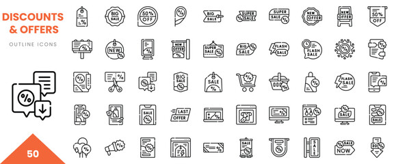 Set of outline icons featuring various discounts and offers in a modern design.