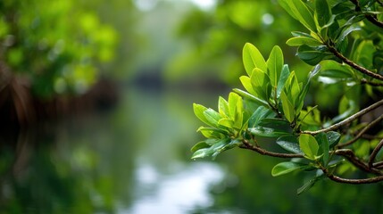 Obraz premium Green leaves and branches near water