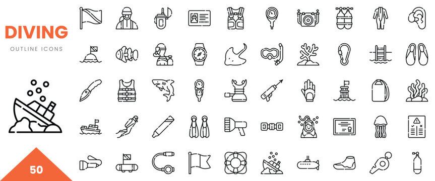 Diving-themed outline icons showcasing marine activities and equipment. Perfect for underwater adventures!