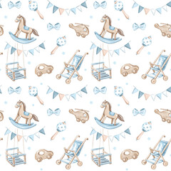 Watercolor Baby Boy Nursery Items Seamless Pattern © Alena
