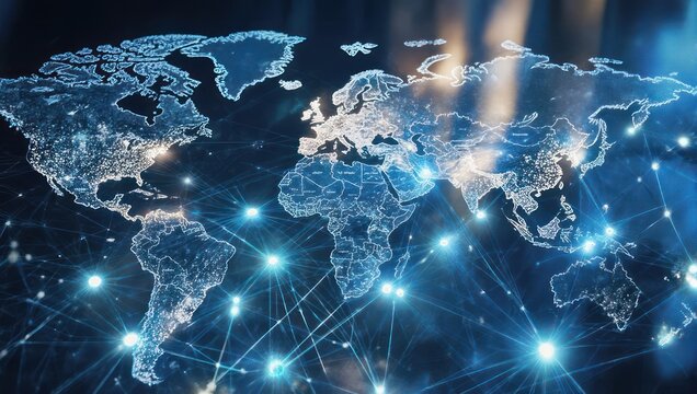Global Network Connections and Digital World Map Visualization.
