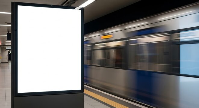 Blank digital advertising screen at a busy subway station with a blurred train passing by