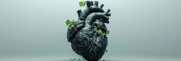 A striking image of a metal heart structure adorned with vibrant green leaves, symbolizing growth, nature, and resilience. This powerful visual evokes themes of transformation and organic beauty.