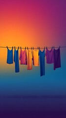 Air-drying colorful clothing on laundry line under bright sunset glow for detergent ads and fabric care branding, Warm sunset laundry scene with vibrant clothes on hanging line, summer laundry theme